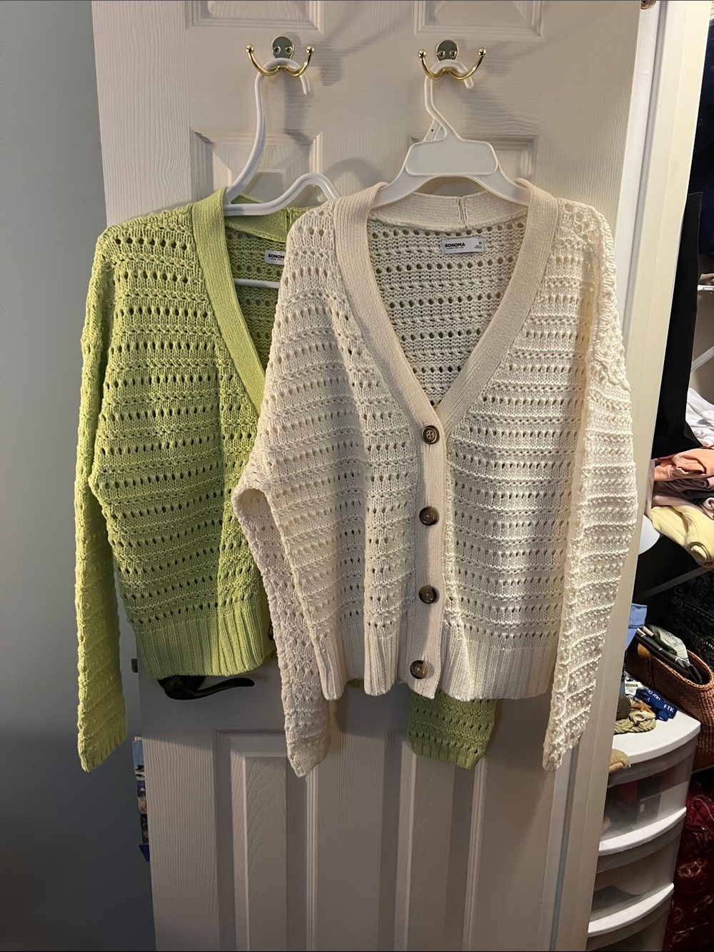 Two (2) Sonoma Crochet Button-Front Cardigan Sweater - Cream & Light Green